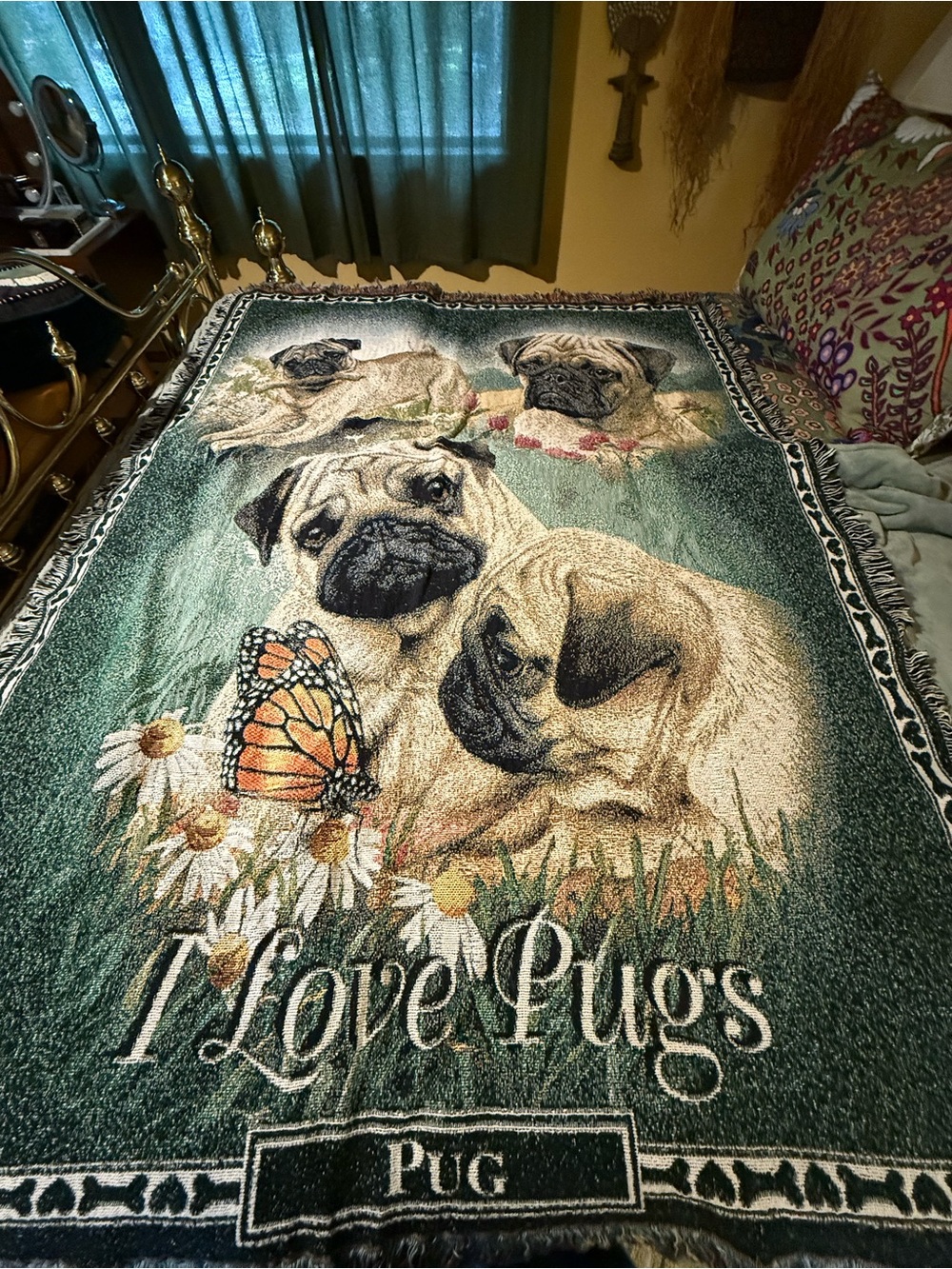 I Love Pugs Green Decorative Dog Blanket by